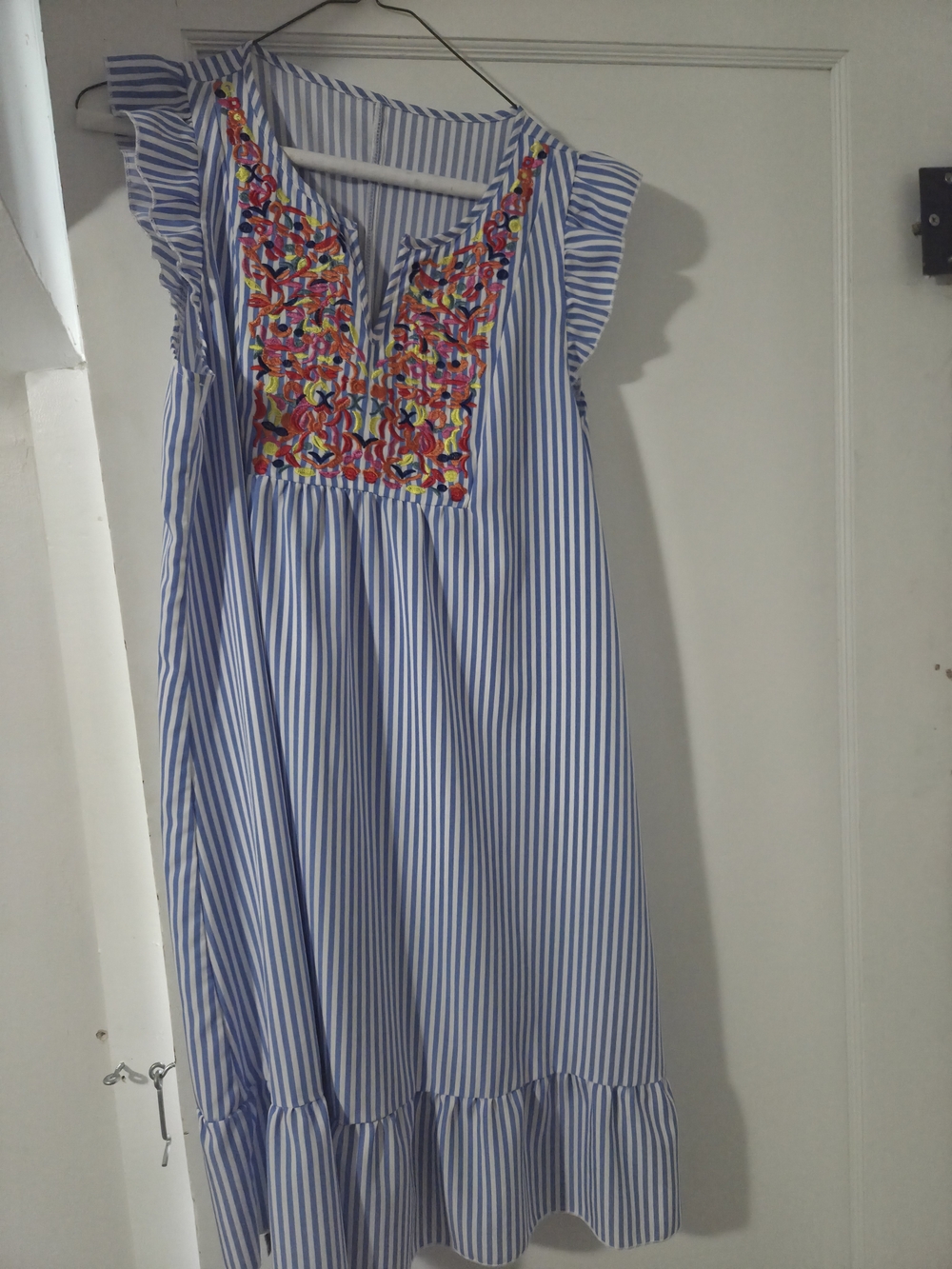 SHEIN Blue & White Striped Embroidered Midi Dress
